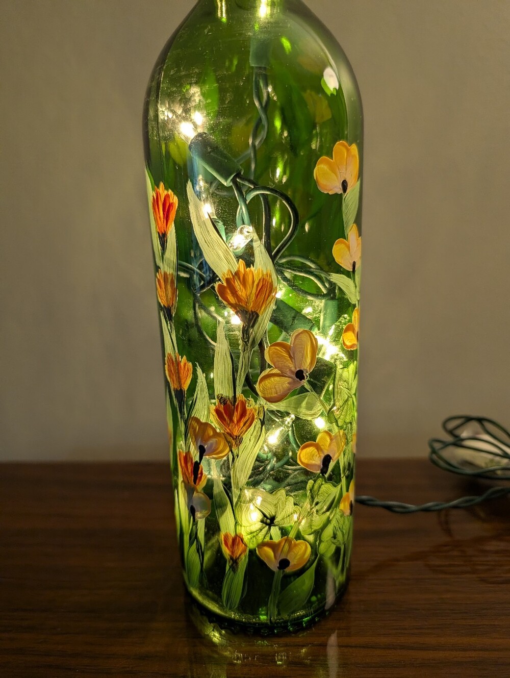 Hand-Painted Green Floral Bottle with Lights - Picture 2 of 8